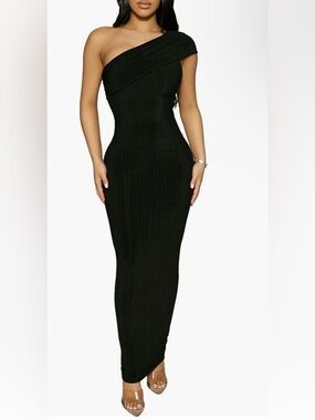 Naked Wardrobe Black One Shoulder Maxi Dress Ribbed Bodycon